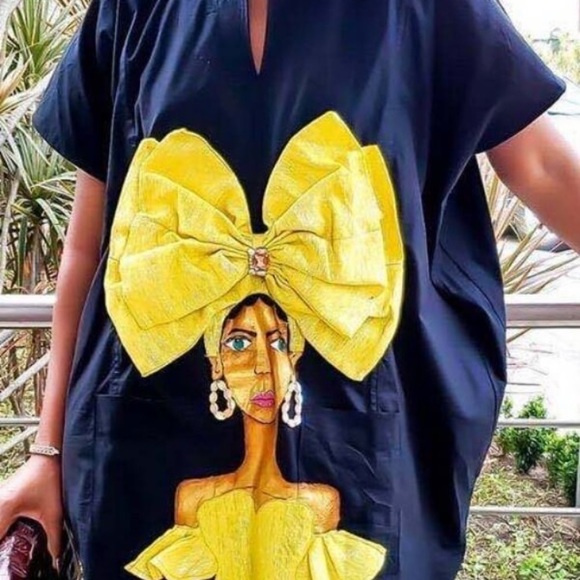 Print loose black mini dress with pockets - Picture 1 of 3